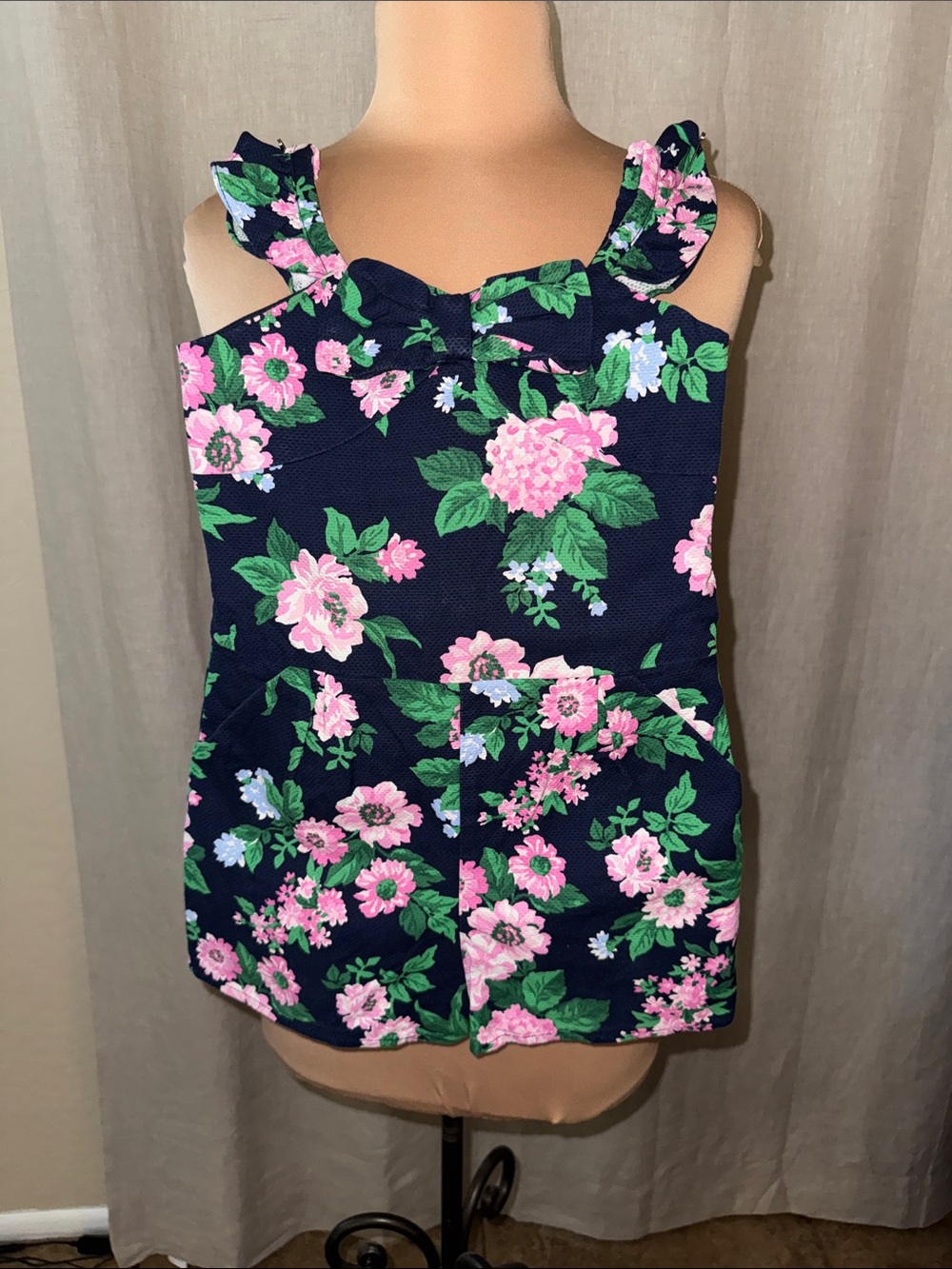 Janie and Jack Navy Floral Ruffled Strap One-Piece Romper Sz6